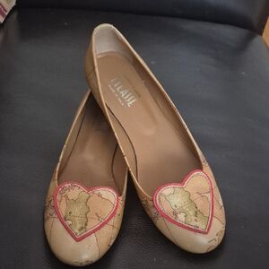 Alviero Martini Women's Map Print Flats with Heart Accents